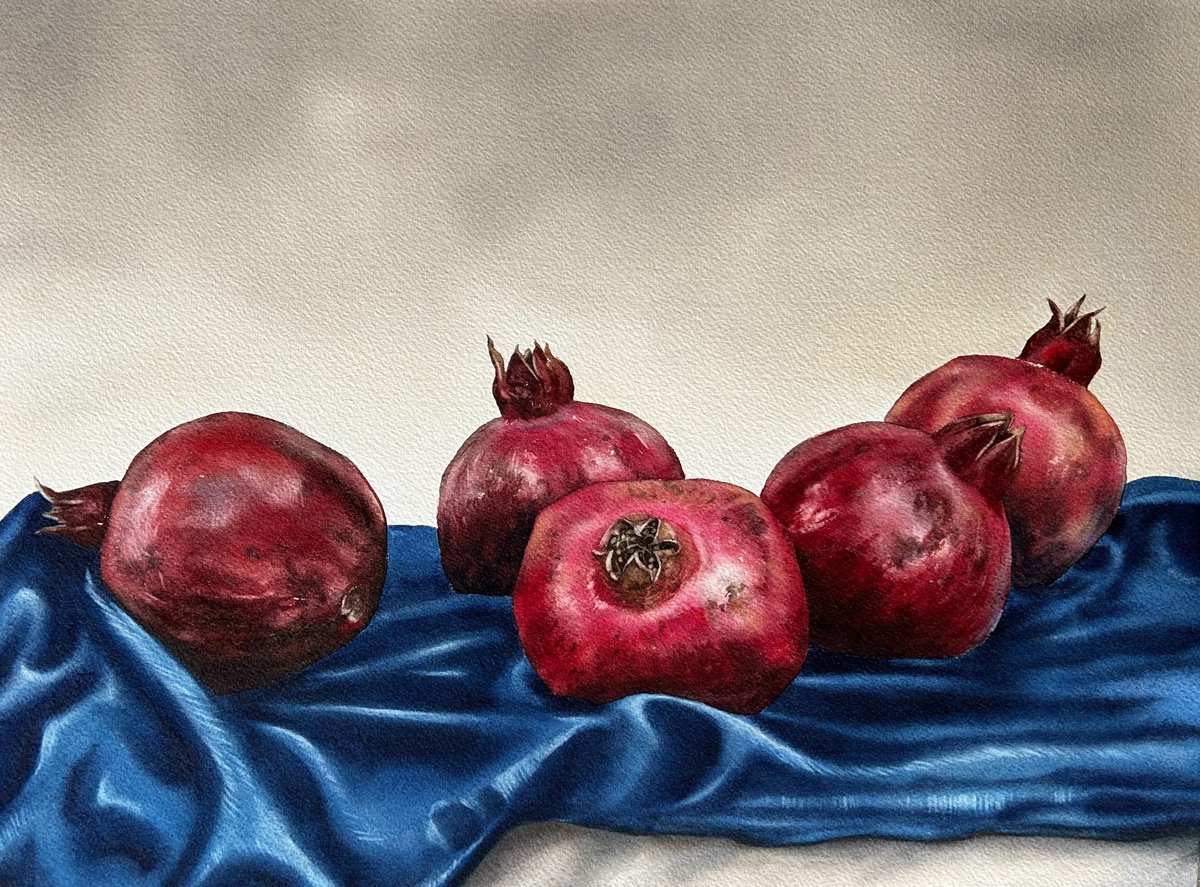 Photorealistic Still Life Watercolour By Alina Karpova, 16 X 12, Pomegranates Still Life, Original Artwork
