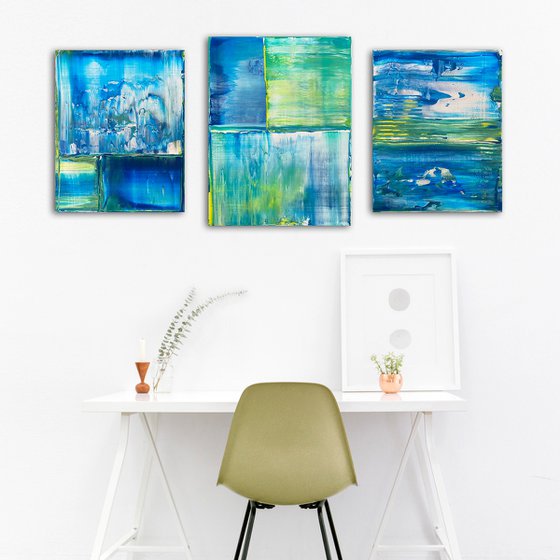 "Just Chillin" - Save As A Series - Original PMS Abstract Acrylic Painting Triptych On Canvas - 50" x 24"