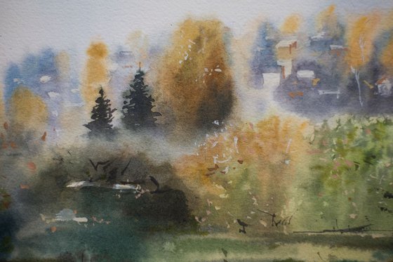 Fall in Russian village. Small original watercolor landscape. Autumn fall country landscape