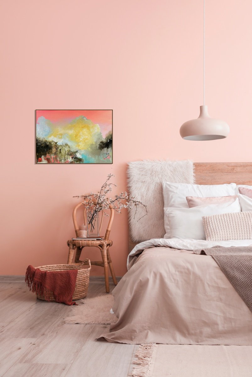 Organic Landscape Oil Painting By Julia Swaby, 17 X 11", Yellow Clouds, Original Artwork