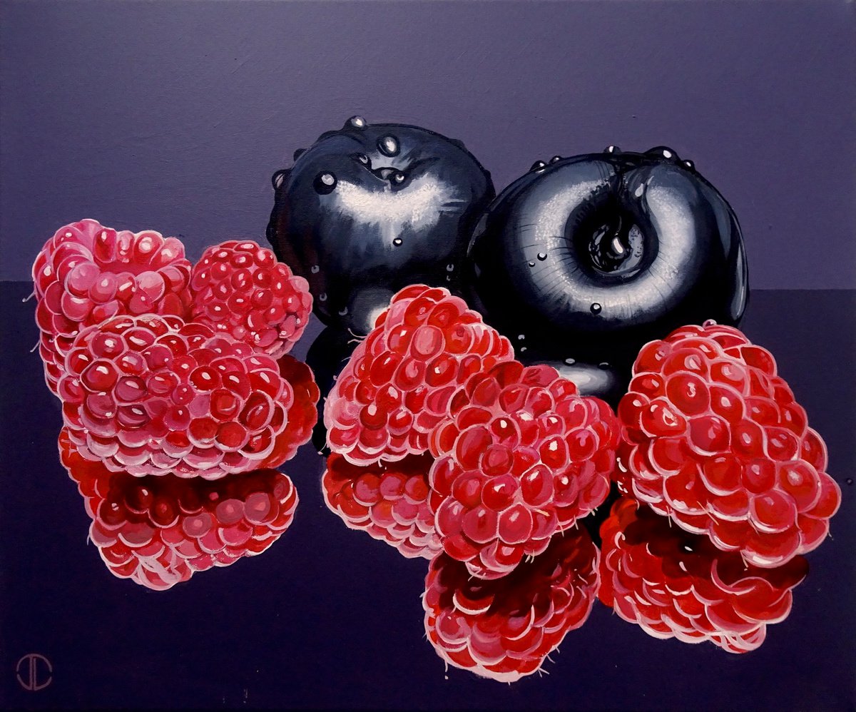 Impressionistic Still Life Acrylic Painting By Joseph Lynch, 24 X 20, Raspberries And Plums, Original Artwork