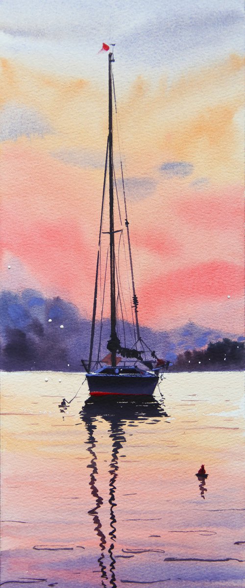 Sunset - Original watercolor on paper, sea, lake, seascape, boat. by Alina Shangina ❤️