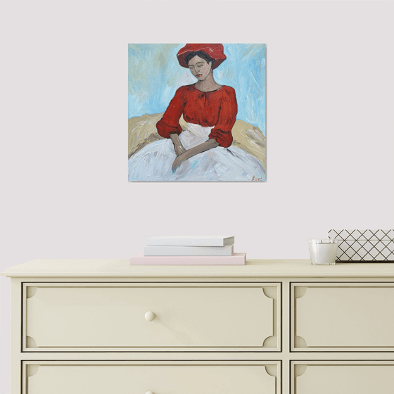 A Girl in a Red Blouse and Hat