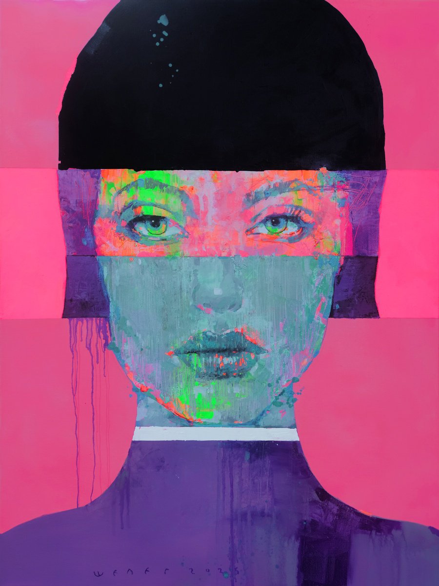 Urban And Pop Portrait Oil Painting By Victor Sheleg, 24 X 31", Pink Light, Original Artwork
