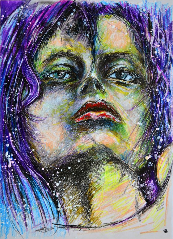 Lavender Girl - Mixed Media Drawing Modern New Contemporary Art Portrait