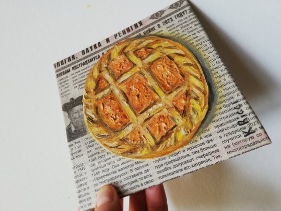 "Apricot Jam Tartlet on Newspaper" Original Oil on Canvas Board Painting 6 by 6 inches (15x15 cm)