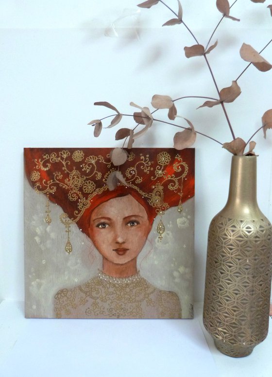 Blanche, pensive. Painting on wood: Redheaded woman in an icon style