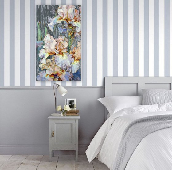 Irises on a gray background.