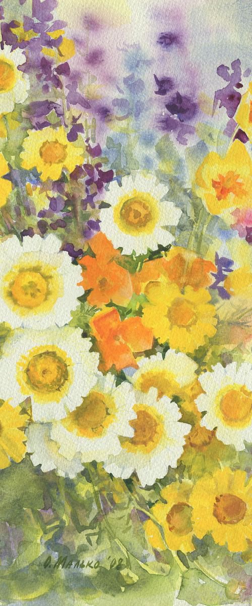 Bright summer bouquet / ORIGINAL watercolor 11x15in (28x38cm) by Olha Malko