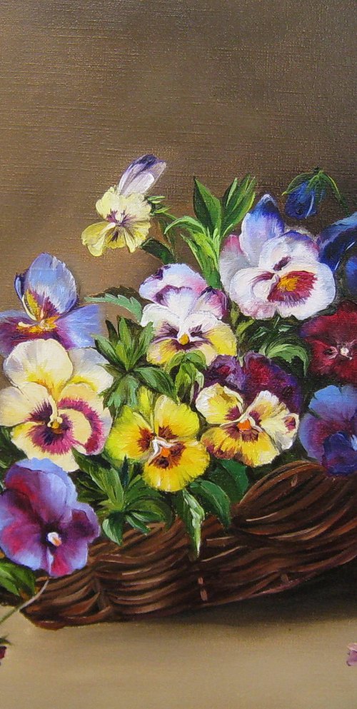 Violas in a rustic basket by Natalia Shaykina