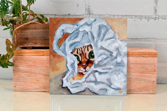 Peekaboo, Cat Painting Original Art Peekaboo Artwork Tabby Kitten Small Wall Art Pet Portrait