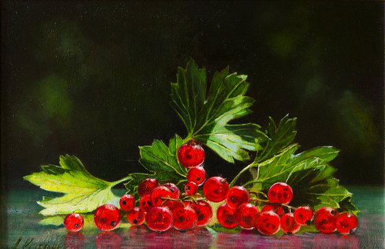 "Red currant branch"  still life summer red currant liGHt original painting  GIFT (2019)