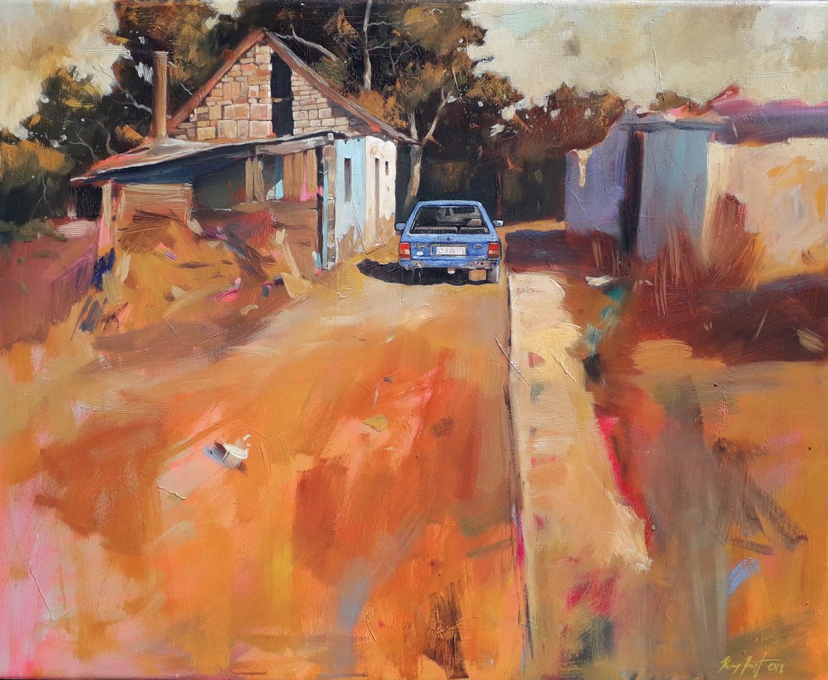 Photorealistic Landscape Oil Painting By Robert Kormos, 31 X 26", Gypsy Settlement, Original Artwork