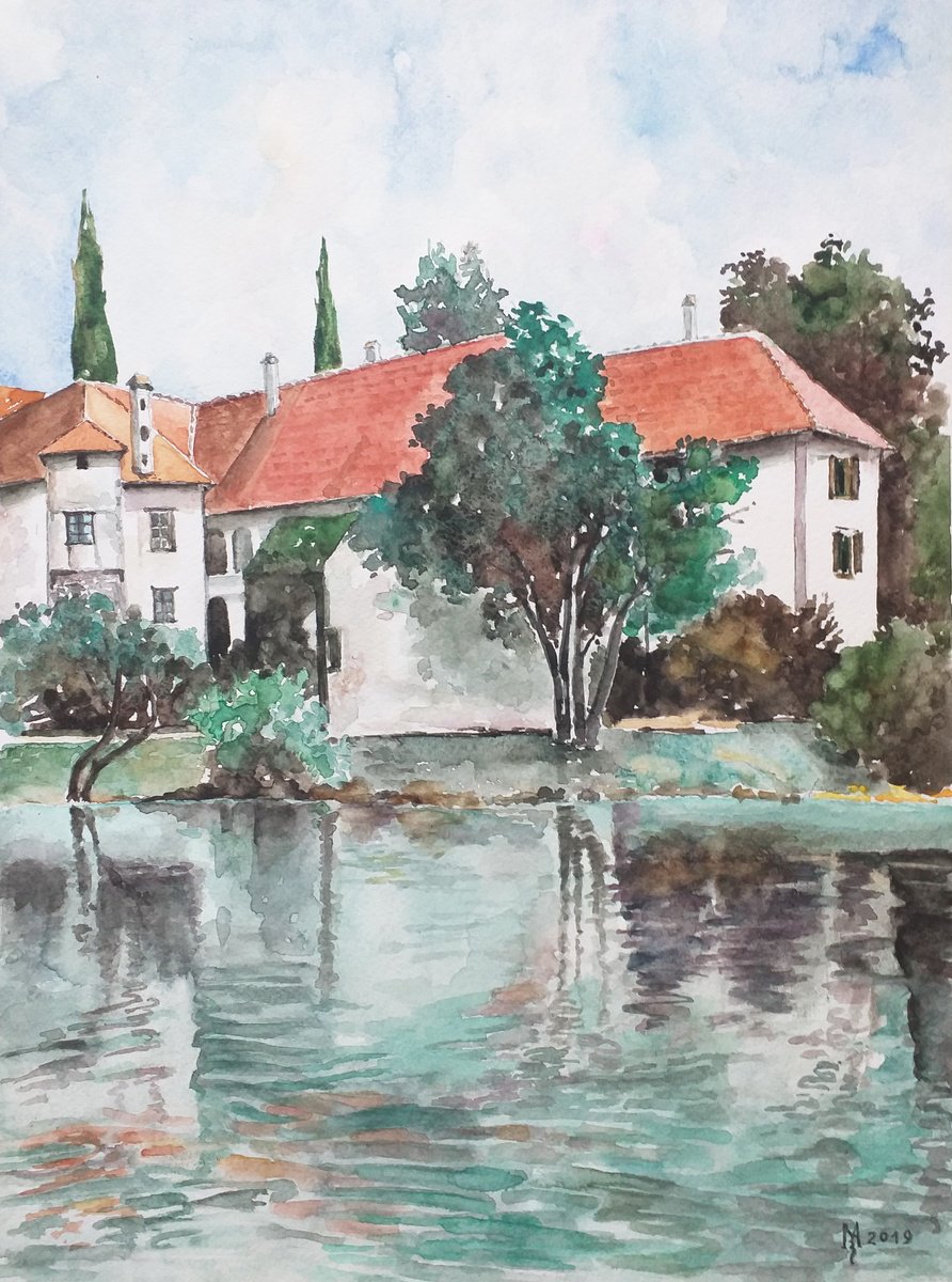 Impressionistic Landscape Watercolour By Zoran Mihajlovic Muza, 11 X 15", Reflection, Original Artwork