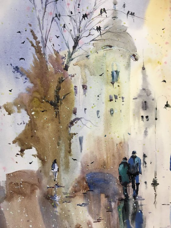 Sold Watercolor “Autumn feeling. Afternoon walk”