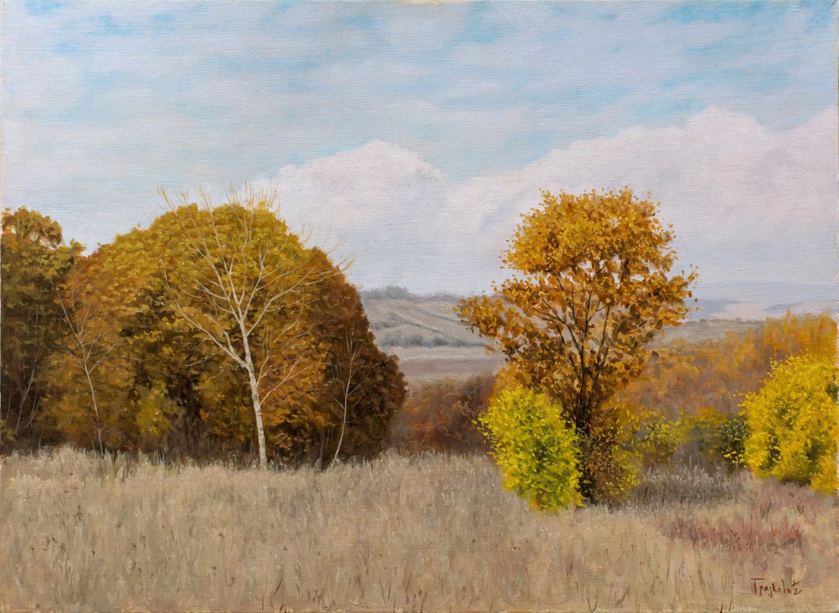 Impressionistic Landscape Oil Painting By Dejan Trajkovic, 33 X 26, The Meadow In Autumn, Original Artwork