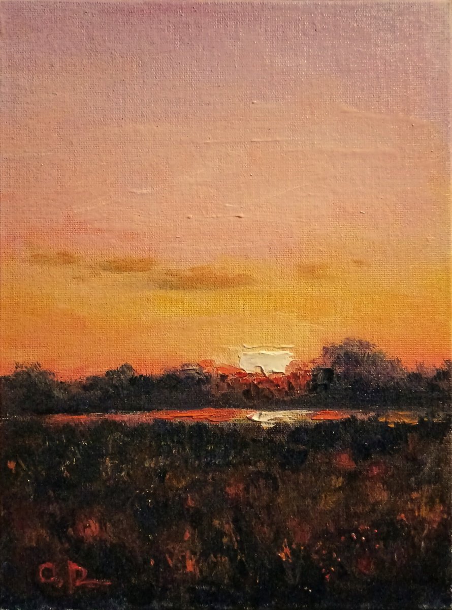 Impressionistic Landscape Oil Painting By Oleh Rak, 7 X 9", Impression. Sunset, Original Artwork