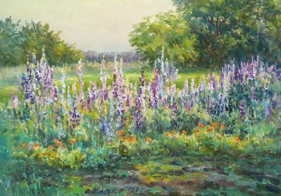 Evening garden. Flowers of my Mom / Summer landscape Original plain air painting