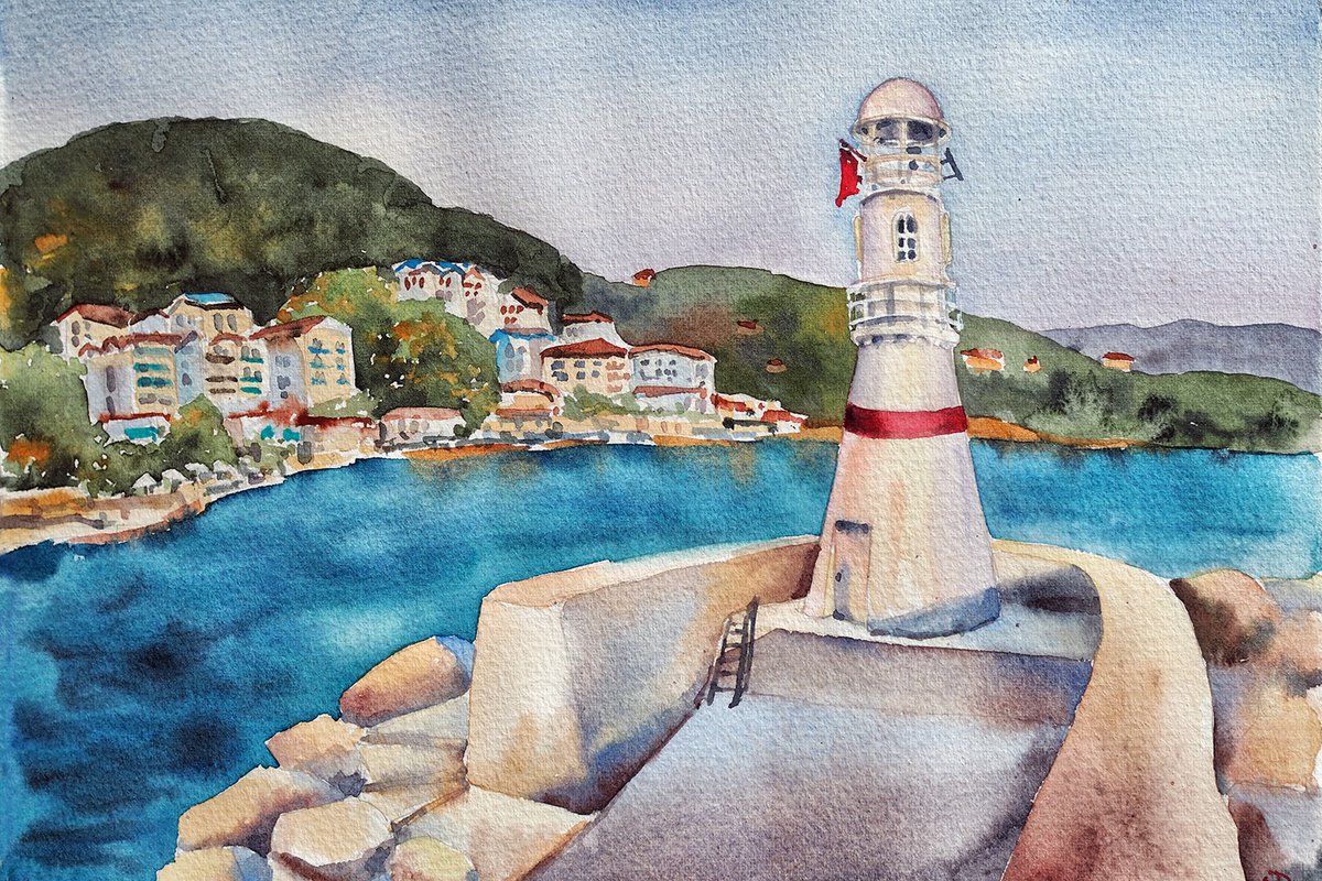Lighthouse in Kas, Turkey - original watercolor seascape sunset cityview by Delnara El