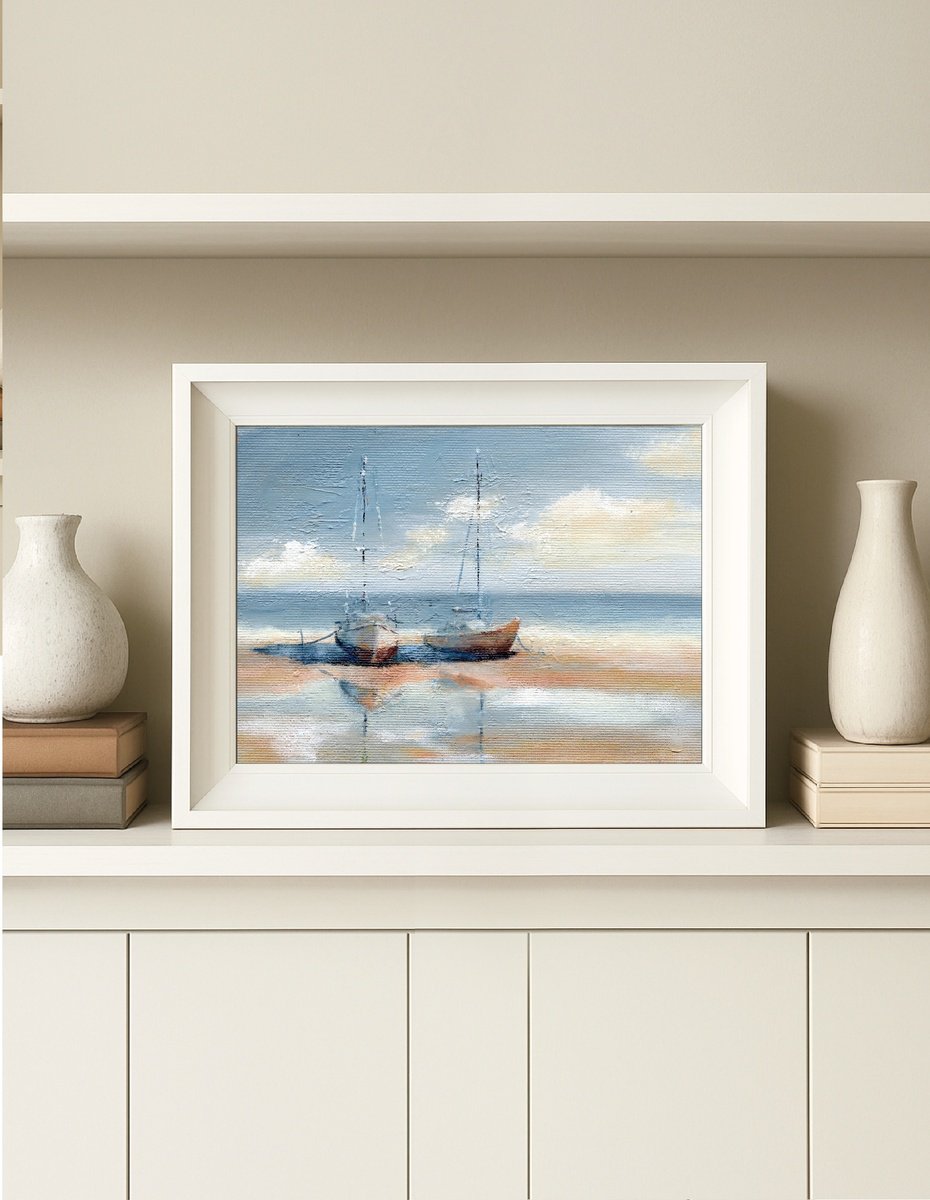 Impressionistic Transport Oil Painting By Alena Post, 8 X 6, Sailboats On Shore, Original Artwork