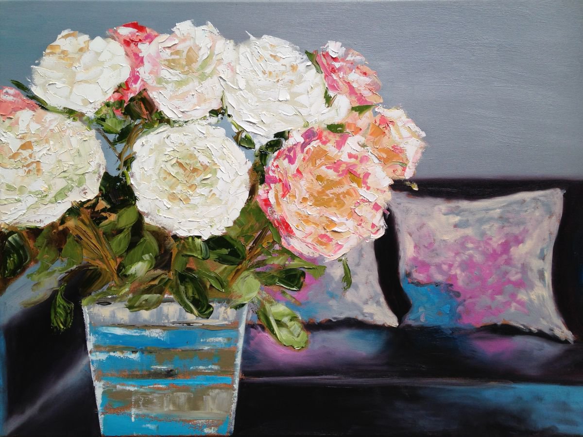 White Flowers by the Sofa by Emma Bell