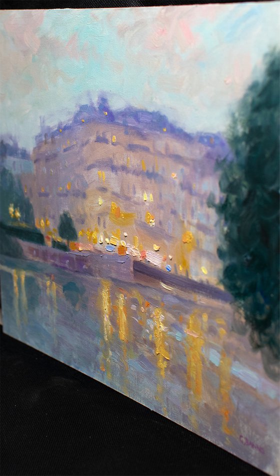 Paris at dusk looking over the river Seine, impressionist oil painting