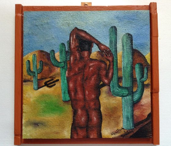 Introspective scene with saguaros.