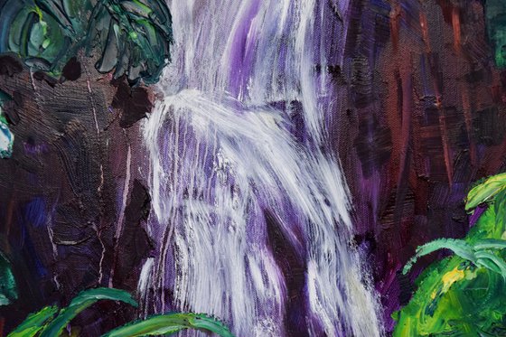 Tropical Round Oil Painting, Waterfall Large Original Canvas Art, Monstera Wall Art