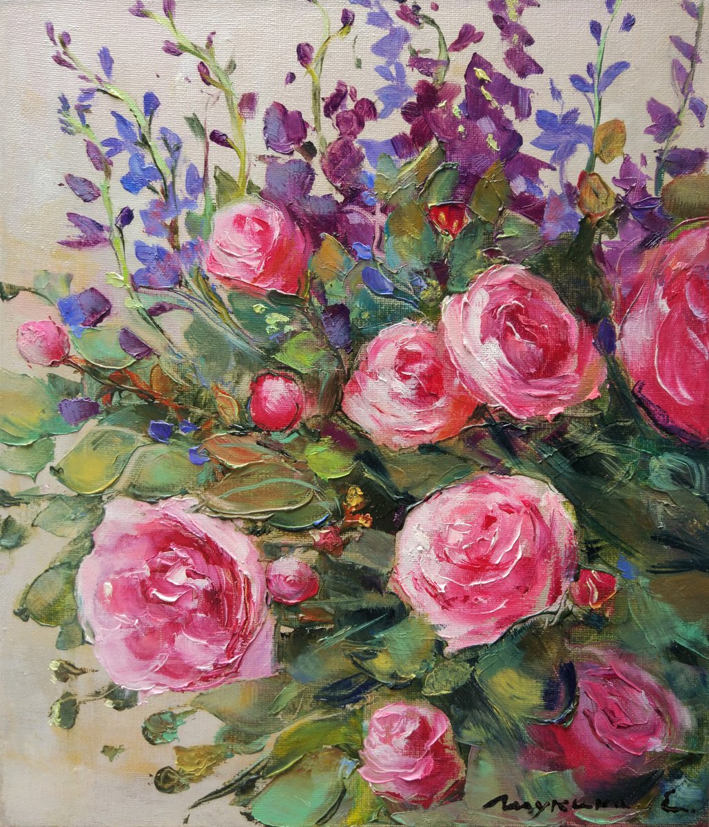 Fragrant rose odorata. Roses and delphinium by Helen Shukina