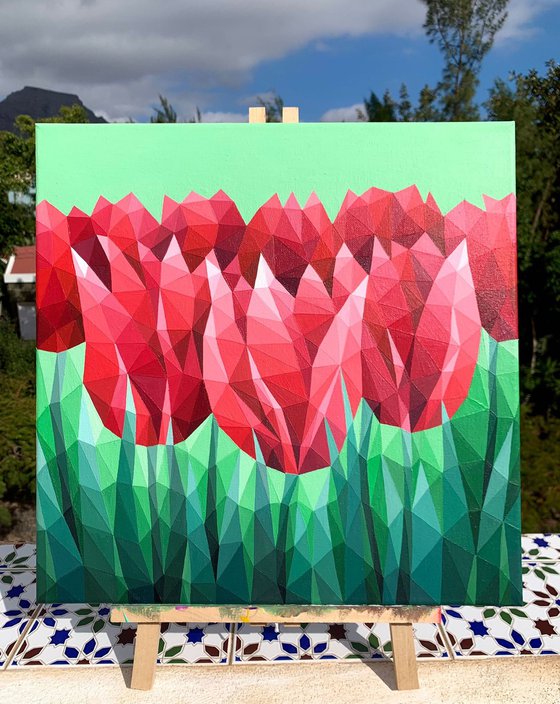 SCARLET TULIPS ON GREEN