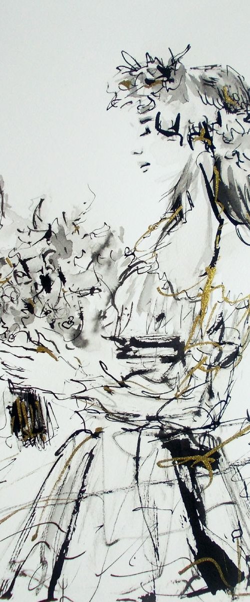 Figurative  Drawing  On Paper-Woman Series Ink Drawings-Study for Spring by Antigoni Tziora