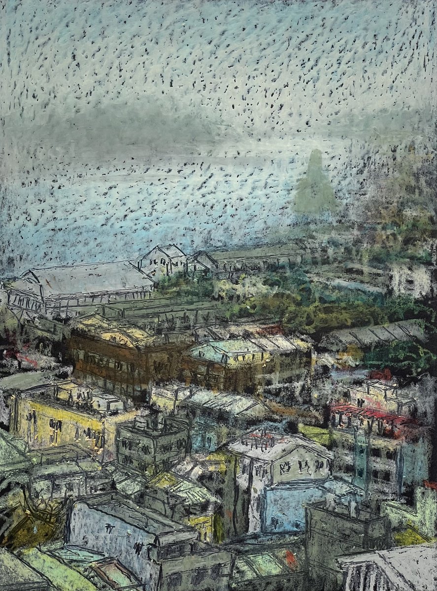 Expressive Cityscapes Pastel Drawing By David Lloyd, 6 X 8, Hazy Day In Koashuing Port, Original Artwork
