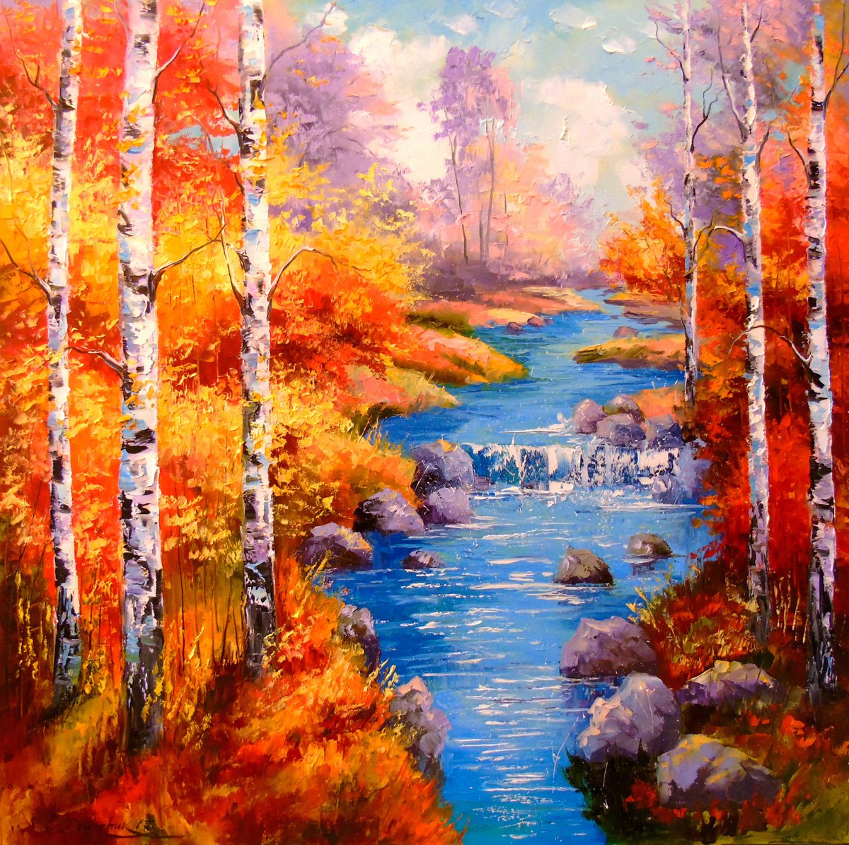 Impressionistic Landscape Oil Painting By Olha Darchuk, 31 X 31", Birches At The Stream, Original Artwork