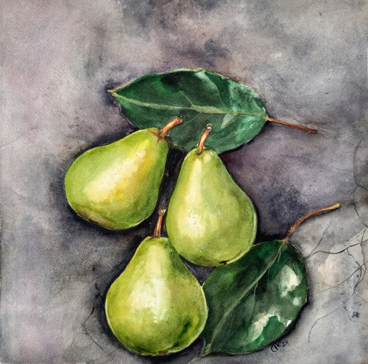 Photorealistic Watercolour , Whispers Through The Wall: Green Pears 2 By Irina Kurganskaya, 12 X 12, Artwork For Sale On Artfinder
