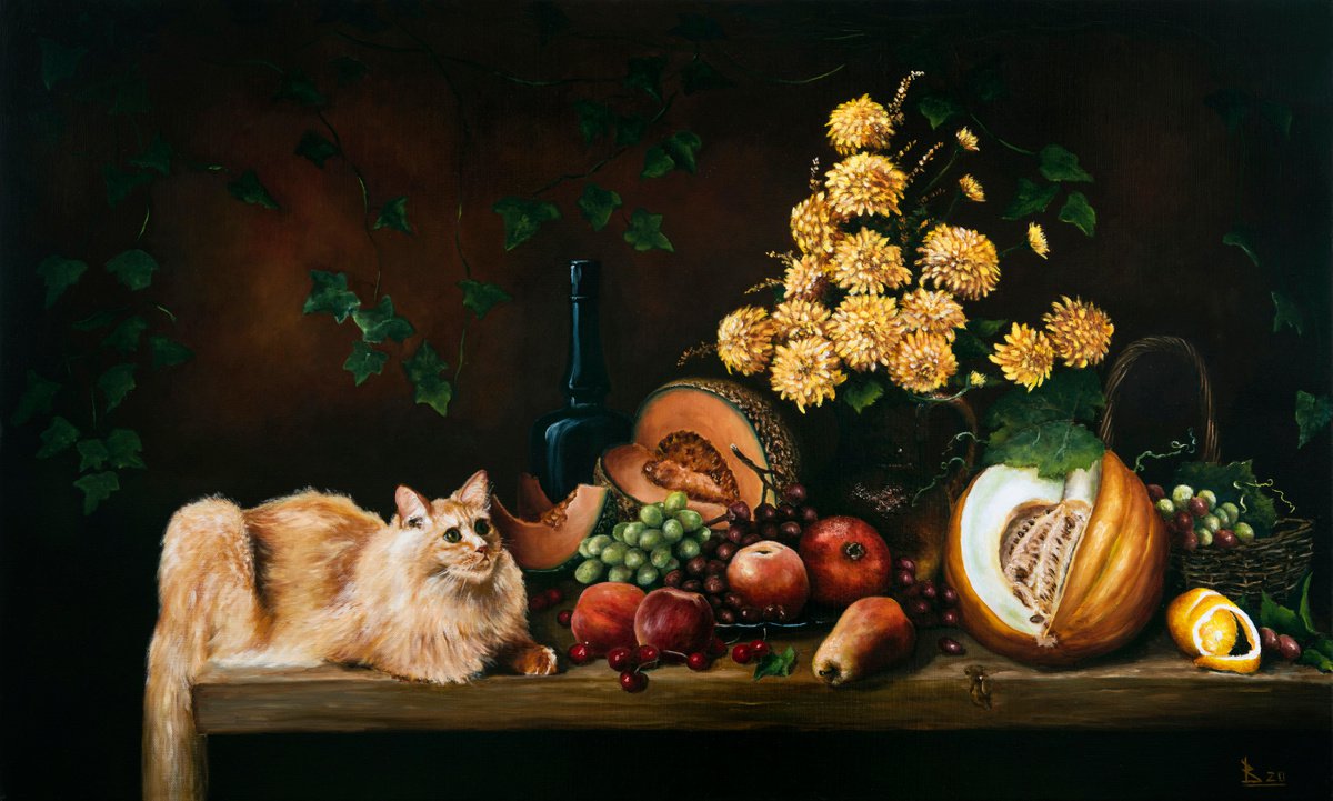 Impressionistic Still Life Oil Painting By Oleg Baulin, 39 X 24", "Still Life With A Red Cat", Original Artwork