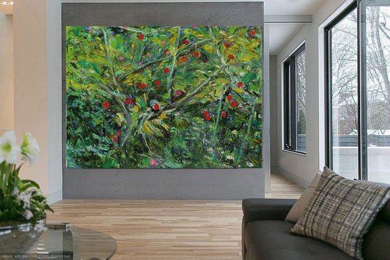 OVERGROWN ROSEHIPS - XXL Large Floral Art - original painting plants trees landscape art green summer nature impressionism art office interior home decore 150x200