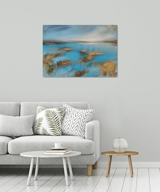 A large abstract beautiful structured mixed media painting of a lake "On the lakeshore"