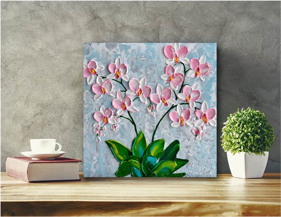 Pink Orchid - Impressionist Flower Painting, Palette Knife Art