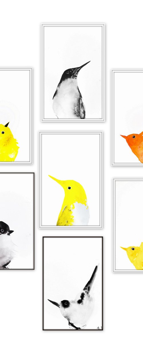 Set of 7 Bird paintings. by Nadia Moniatis
