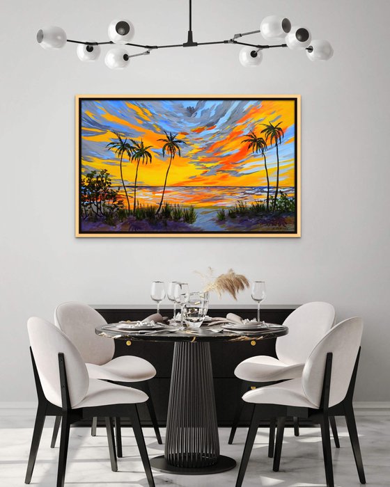 OCEAN SUNSET. Contemporary Florida Sunset Painting in Bold Orange, Purple, Yellow Colors