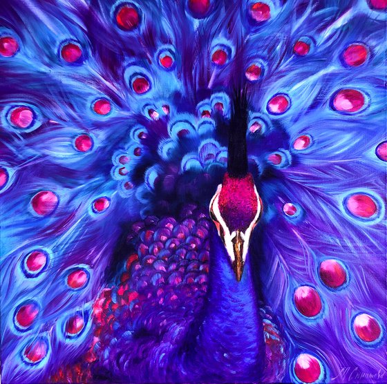 YOUR MAJESTY - Bright peacock. Blue bird. Royal peacock. Bird with blue feathers. Crested peacock. Variegated bird. Lush tail. Cute crest. Luxurious. Fairy.