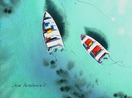 Boats near the reef original watercolor ocean  painting, beach wall art , nautical decor over the bed,