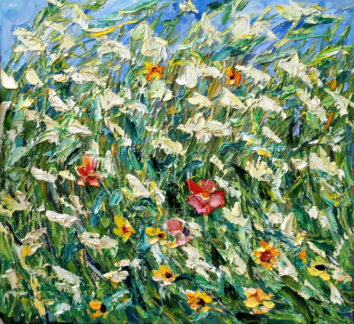 Expressive Botanical Oil Painting By Ruslan Khais, 30 X 28", Meadowsweet. Windy Day, Original Artwork