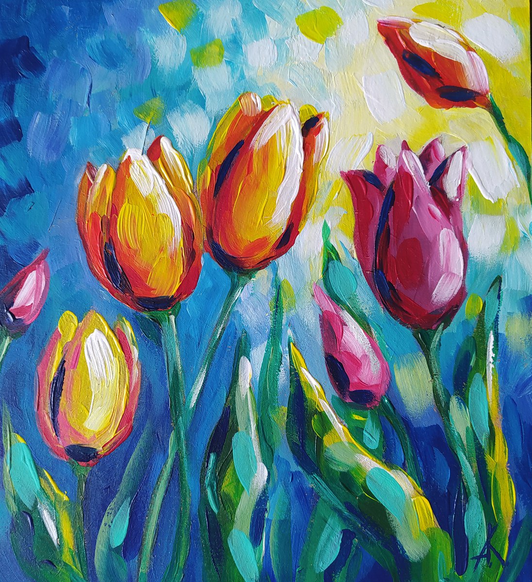 Spring - flowers, tulips artylic, acrylic painting,  flowers, still life, flowers of tulip... by Anastasia Kozorez