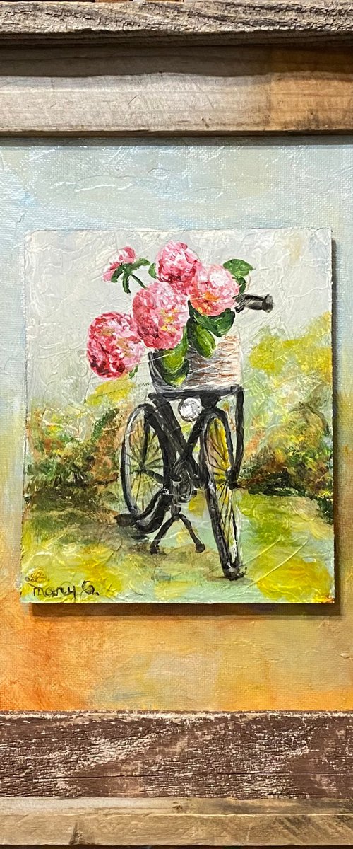 Hydrangeas bike original oil painting driftwood frame by Mary Gullette