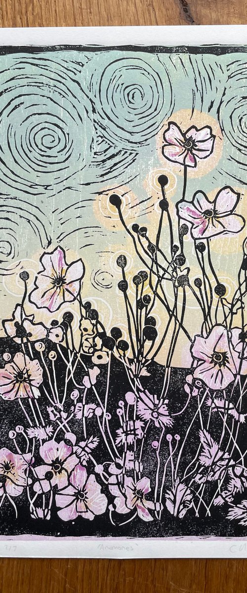 Anemones - Flower Contemporary Linocut Print by C Staunton