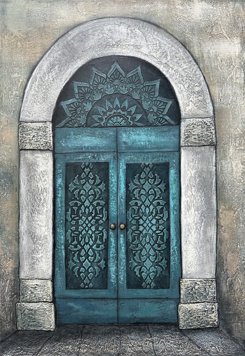 Impressionistic Cityscapes Acrylic Painting By Hasmik Mamikonyan, 20 X 28, Turquoise Threshold, Original Artwork