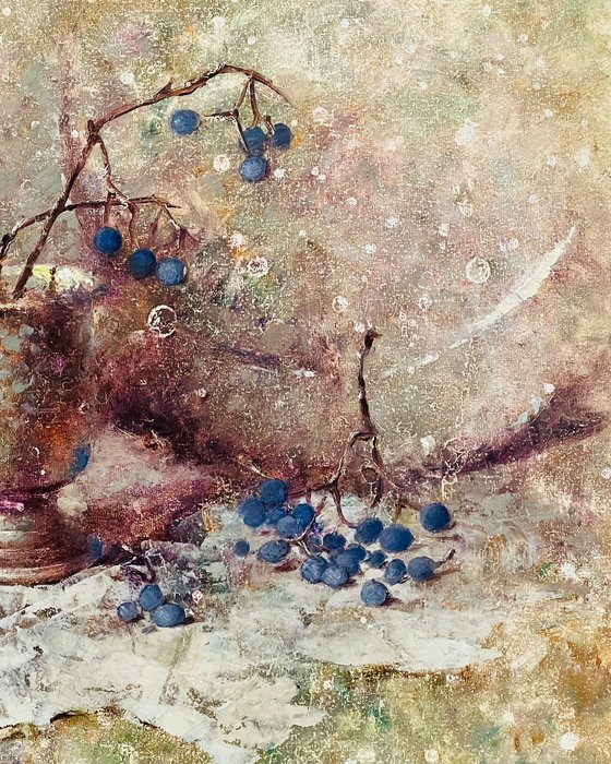 Still Life silver cup berries