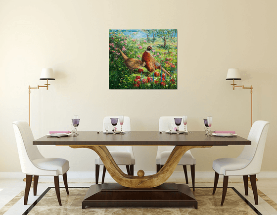 PHEASANTS IN APPLE GARDEN