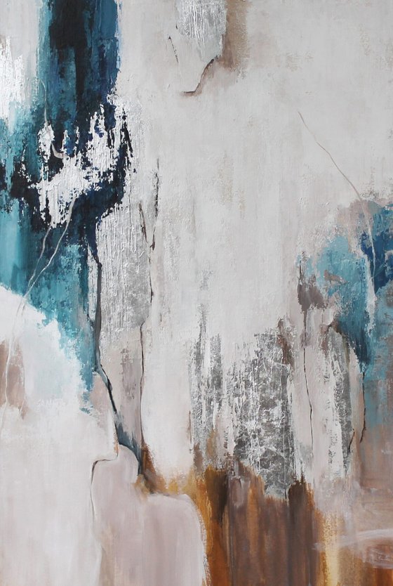 "Silver Flow" Navy silver abstract wall art
